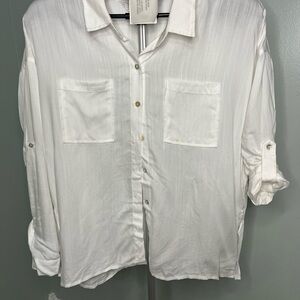 Dear John White Button-Up Blouse NWT adjustable sleeves
